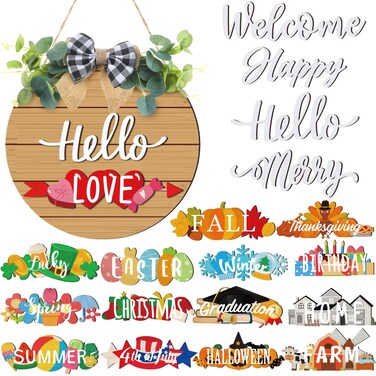 Burbell 20 Pcs Interchangeable Welcome Sign Valentine's Day Interchangeable Wooden Seasonal Hello Sign Rustic Round Seasonal Wreaths for Front Door Porch Wall Decor(Brown)