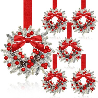 Dingion 6 Pcs 6" Christmas Wreath Mini Cabinet Wreaths for Kitchen with Ribbon Bows Red Berry Small Window Wreaths for Window Door Farmhouse Wreath Christmas Party Decorations(Classic Style)