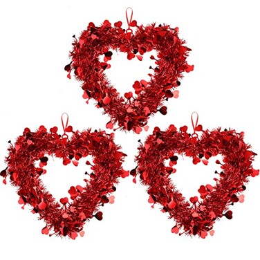 Chuangdi 3 Pieces Valentine Heart Shaped Wreaths Red Tinsel Heart Shaped Wreaths with Foil Hearts Love Hanging for Valentine's Day Wedding Front Door Wall Window Mantel Decor