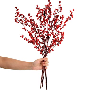 WILLBOND Artificial Red Berry Stems 21.6 Inch Christmas Red Berries Holly Berry Branches for Christmas Tree New Year Decor DIY Craft (8, Simple Style)