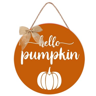 Thanksgiving Door Decorations Fall Decor - Hello Pumpkin Wall Sign Decorations - Wooden Door Hangers Wreath with Bow for The Home Party Supplies