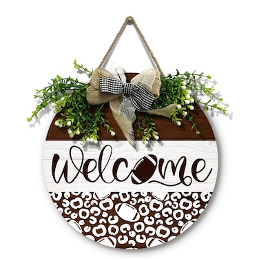 Dacawin Welcome Football Front Door Sign Fall Wooden Hanging Signs with Wreath And Bow Rustic Autumn Football Game Sports Round Door Signs for Farmhouse Home Family Wall Decorations 12 X 12 Inches