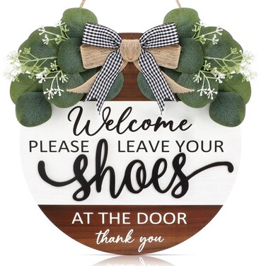 3D Welcome Wreath Bow-knot Front Door Wood Sign Hanging, Please Leave Your Shoes Funny Sign Round Plaque, Shoes Off No Shoes Sign for Home Porch Entrance Decoration