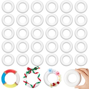 Zeyune 36 Pcs Foam Wreath Form Small Polystyrene Foam Rings for Christmas Crafts Round White Foam Circles for DIY Wedding Party Holiday Anniversary Door Home Flower Art Supplies (4 x 1 Inch)