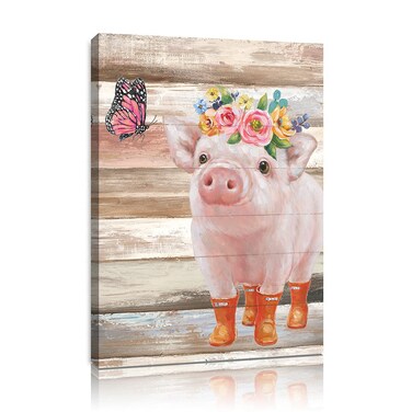 Funny Piggy and Pink Butterfly Pig Pictures Wall Art Farmhouse Wall Decor Farm Animal Canvas Poster Mural for Bedroom Bathroom and Kitchen Framed and Ready to Hang 10"x15