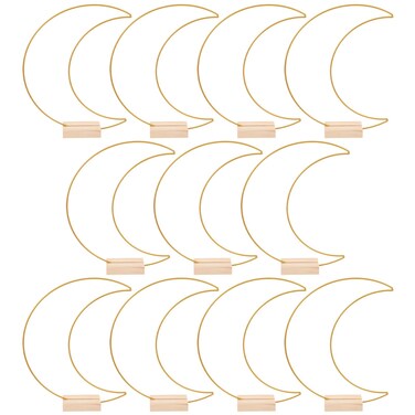 EXCEART Dining Table Decor 10 Sets Metal Floral Hoop Moon Shaped Metal Wreath Ring Stand with Wood Holder Centerpiece Table Decor for DIY Xmas Wedding Table Decor Flower Garlands