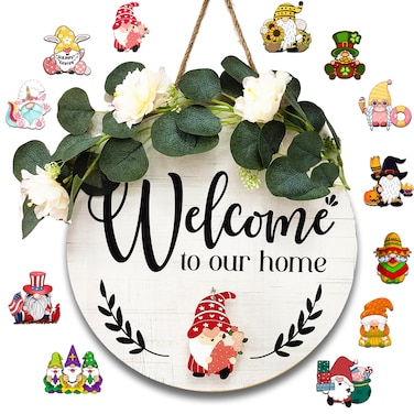 Mrocioa Welcome Sign, 14 x 14 inches, Decorative Signage with Interchangeable Gnome Icons, Seasonal Wood Wreaths Front Door Decorations, Housewarming Gift