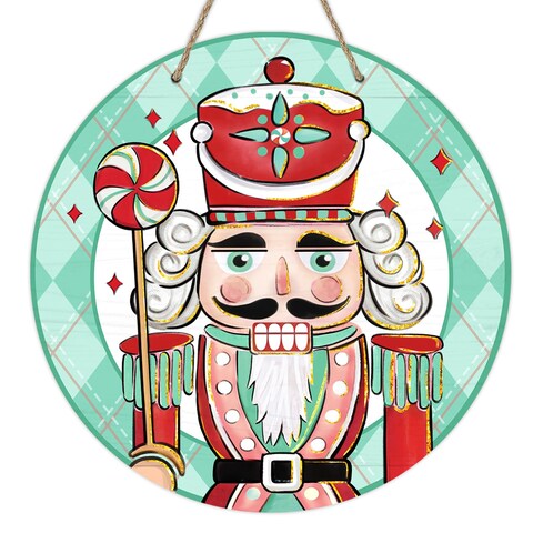 Deroro Christmas Nutcracker Front Door Sign, Green Xmas Holiday Peppermint Candy Wood Door Hanger Outdoor Outside Porch Decor, Plaid Farmhouse Winter Wooden Wreath Indoor Wall Hanging Decoration