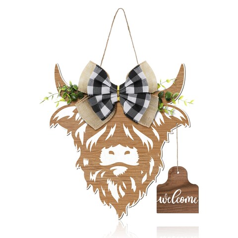Weysat Highland Cow Decor Cow Head Door Wreath Sign Wooden Cow Wall Decor Cow Gifts Front Door Porch Farmhouse Decor Indoor Outdoor(Wood Color)
