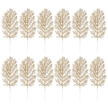 Cabilock 12pcs Christmas Glitter Leaves 16.5" Artificial Sparkle Leaf Christmas Tree Leaves Ornament Sprays Glitter Leaf Christmas Garland Flashing Picks for Vase Filler Xmas Wedding Decoration (Gold)
