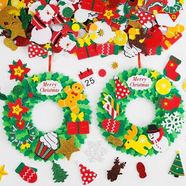 TINYFUTURE 15 Sets DIY Christmas Foam Wreath Crafts Kits Decorations Self Adhesive Xmas Sticker Santa Holly Leaf for Kids Party Favors Fun Classroom Home Activities