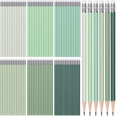 TecUnite 60 Pcs HB Pencils #2 Unsharpened Wood Cased Pencils with Eraser Hexagonal Pencil Cute Graphite No 2 Pencils for Adults Gifts Exam School Office Sketching Learning (Green Series, White)