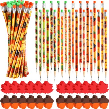 Crtiin 30 Set Fall Themed Pencils Thanksgiving Party Pencils Thanksgiving Wood Pencils and Bulk Mini Maple Leaf Acorn Erasers Mini Erasers for Thanksgiving Kids Teachers Classroom Gifts Rewards
