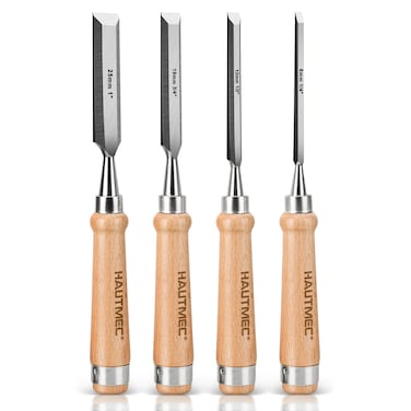 HAUTMEC 4PCS Wood Chisel Set for Woodworking, 11.2in Carpentry Carving Tool with Bevel Edged Steel Blade, High Impact Handle for Woodcutting Sharpening HT0235-WW