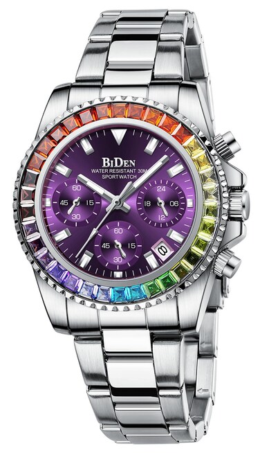 FANMIS Women Colorful Diamond Watch Chronograph Rotatable Bezel Mineral Glass Luminous Watch Stainless Steel Waterproof Date Analog Quartz Watch Fashion Business Dress Wrist Watch (Silver Purple)