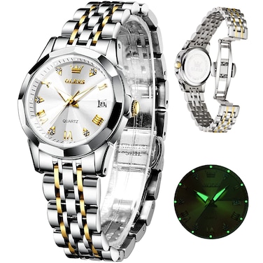 OLEVS Watch Women Silver Gold Petite Women&lsquo;s Watches Fashion Stainless Steel Waterproof Watches for Women Dress Two Tone Analog Elegant Ladies Watches Day Date Diamond Quartz Women's Wristwatch