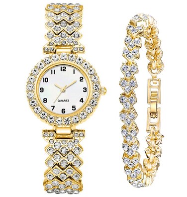 ADSBIAOYE Luxury Women Wrist Watches Crystal Inlay Bracelet Watch Fashion Casual Quartz Watch Female Watch (02 Gold)