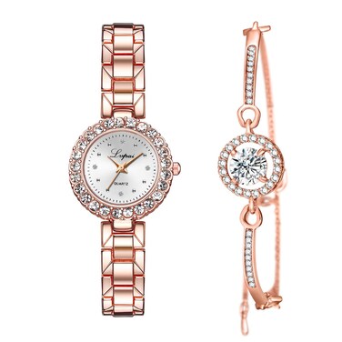 CdyBox Classic Alloy Strap Ladies Watch with Crystal Bracelet Watches Set Quartz Wristwatches for Women Great Gifts (Rose Gold)