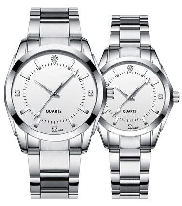 Couple Watches Casual Men Women Stainless Steel Band His and Hers Waterproof Quartz Wristwatch Gifts Set for Lovers (Silver White)