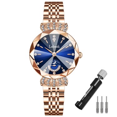Watches for Women Rose Gold Stainless Ladies Female Fashion Luxury Diamond Dress Business Waterproof Quartz Girls Wife Gifts Crystal Blue Wrist Watch