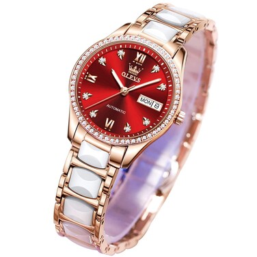 Rose Gold Ceramic Ladies Watches Red Dial Automatic Mechanical Watches for Women Self-Winding Stainless Steel Waterproof Women's Watch Luminous Sapphire Crystal Diamond Ladies Wrist Watch