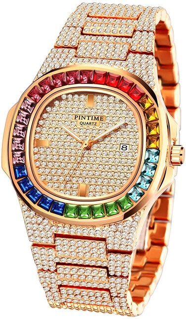 Luxury Bling Colorful Full Diamond Watches Fashion Quartz Analog Stainless Steel Band Bracelet Wrist Watch (Rose Gold)