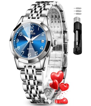 OLEVS Blue Womens Watch Fashion Dress Diamond Female Watches for Ladies Analog Quartz Silver Stainless Steel Waterproof Luminous Day Date Wrist Watch for Women
