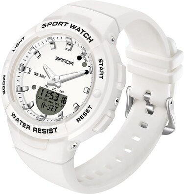 findtime Digital Analog Watches Sports Waterproof Watch Dual Display LED Backlight Luminous Wristwatch with Calendar Alarm Stopwatch Fashion Colorful Women and Men Digital Watches White Silver