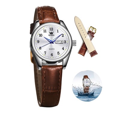OLEVS Classic Leather Watches for Women, Business Dress Arabic Numerals Ladies Watches, Day Date Waterproof Analog Quartz Womens Wrist Watches Brown Leather Strap White Face Relojes para Mujer