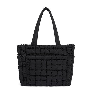 CORALDAISY Tote Bag for Women, Lightweight Puffer Tote Bag with Zipper, Large Work Bag, Quilted Travel Shoulder Bag, Puffy Handbag with Compartments, Black