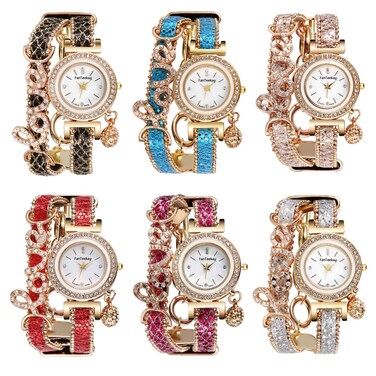 CdyBox Women Wholesale 6 Pack Love Printed Bracelet Watches Set Lot Diamond Wrap Around Cuff Quartz Wrist Watch for Ladies (Mu)