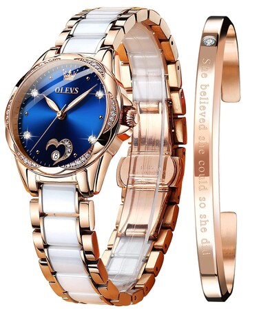 OLEVS Women Automatic Mechanical Watches Self Winding Rose Gold Two Tone Ceramic Strap Diamond Love Heart Dial Fashion Elegant Dress Ladies Wrist Watches Waterproof Luminous