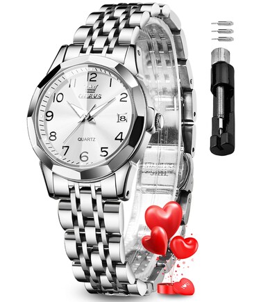 OLEVS White Womens Watch Fashion Dress Diamond Female Watches for Ladies Analog Quartz Silver Stainless Steel Waterproof Luminous Day Date Two Tone Wristwatch