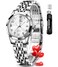 OLEVS White Womens Watch Fashion Dress Diamond Female Watches for Ladies Analog Quartz Silver Stainless Steel Waterproof Luminous Day Date Two Tone Wristwatch