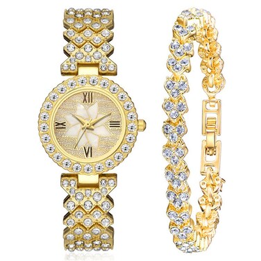 CdyBox Women Luxury Watches Steel Band with Diamonds Bracelets Watches Set Quartz Wristwatch Wholesale (Gold)