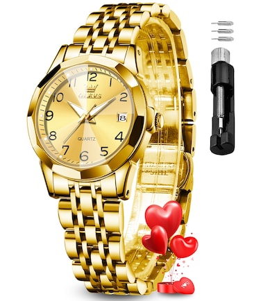OLEVS Gold Womens Watch Fashion Dress Diamond Female Watches for Ladies Analog Quartz Stainless Steel Waterproof Luminous Day Date Two Tone Wristwatch