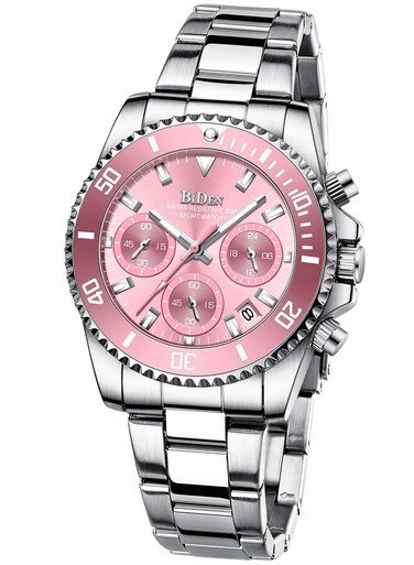 FANMIS Women Elegant Chronograph Rotatable Bezel Mineral Glass Luminous Watch Stainless Steel Waterproof Date Analog Quartz Watch Fashion Business Dress Wrist Watch (Silver Pink)