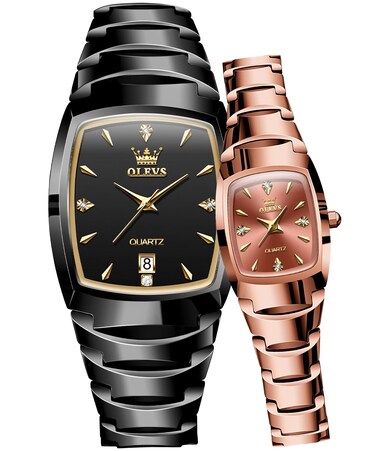 OLEVS Couple Watch Men and Women His and Her Watches Set Analog Date Diamond Stainless Steel Waterproof Luminous Wrist Watch Rose Gold Black