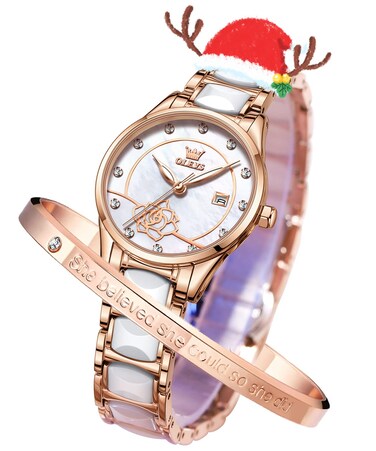 OLEVS Watches for Women Ladies Watches Rose Gold Elegant Ceramic Fashion Analog Diamond Waterproof Luminous White Wrist Watches Valentine's Day Present