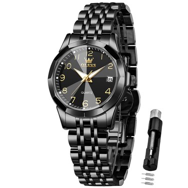 OLEVS Woman Black Watch Casual Small Dress Ladies Watch Waterproof Lady Watch Stainless Steel Strap Luminous Calendar Gifts for Wrist Watch Silver