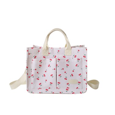 mcuvaec Cherry Tote Bag for Women Canvas Patched Purse Cute Shoulder Bag Multi-Pocket Satchel Handbag for work travel (cherry white)