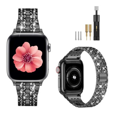 Fitlink Apple Watch Bands Compatible with Apple Watch 42/44/45/49mm Series 7 Series 8, Dressy Bling Metal Adjustable Apple Watch Bands for Apple Watch 7/6/5/4/3/2/1/SE(42/44/45/49mm, Black)