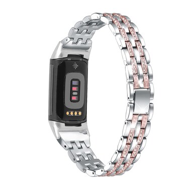 Mtozon Bling Bands Compatible with Fitbit Charge 6/Charge 5, Metal Bracelet Luxurious Rhinestone Replacement Wristband for Women, Silver with Rose Gold