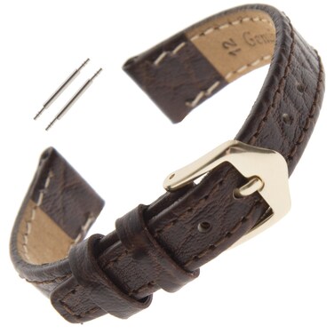 Gilden 10-13mm Ladies Flat Stitched Distressed Leather Calfskin Watch Strap FS52-0212 (12 millimeter end width, Brown, Gold-Tone Buckle)