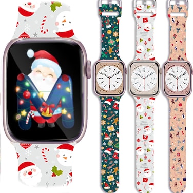 Christmas Band Compatible Apple Watch Silicone Winter Print Soft Strap 3 packs Women 38mm 40mm 41mm,Holiday Xmas Snowflake Elf Gnomes Santa Snowman Wristband Reindeer for iphone Watch Girl Series