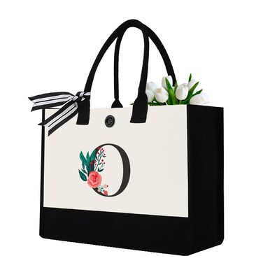 Initial Canvas Tote Bag, Personalized Birthday Gifts for Women Mom Friends Teachers, Monogrammed Tote Bags Suitable for Mother's Day Wedding Beach (Letter O)