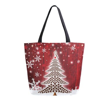 Naanle Christmas Canvas Tote Bag Large Women Casual Shoulder Bag Handbag, Coffee Christmas Tree Reusable Multipurpose Heavy Duty Shopping Grocery Cotton Bag for Outdoors.
