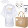 Handepo 5 Pcs Bridal Wedding Gifts Bridal Bridesmaids Robe Sets with Sleeping Eye Mask Slippers Party Tumbler Tote Gifts (Bride)