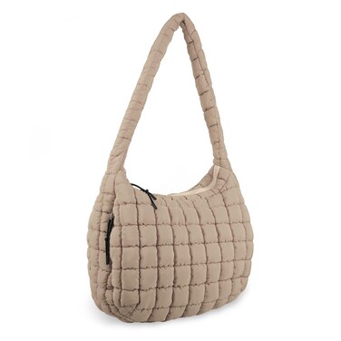Quilted Puffer Tote Bag for Women,Large Puffy Crossbody Shoulder Bag Lightweight Nylon Hobo Bag with Zipper,Purse Puffy Quilted Carryall Bag Soft Oversized Padding Handbag for Daily Travel(Khaki)