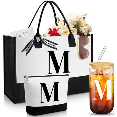 Aliceset Initial Gifts for Women Monogram Canvas Tote Bag and Makeup with Zipper and Initial Glass Coffee Cup Gifts for Her(Letter M)